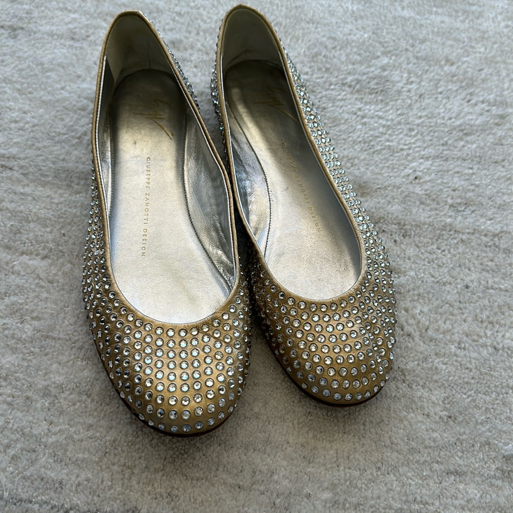 Giuseppe Zanotti, gold leather shoes with crystals. EUC, size 8 1/2.